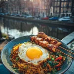 Bami Goreng met kipsaté en gebakken ei