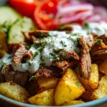 Griekse Gyros-ovenschotel met aardappel en tzatzikisaus