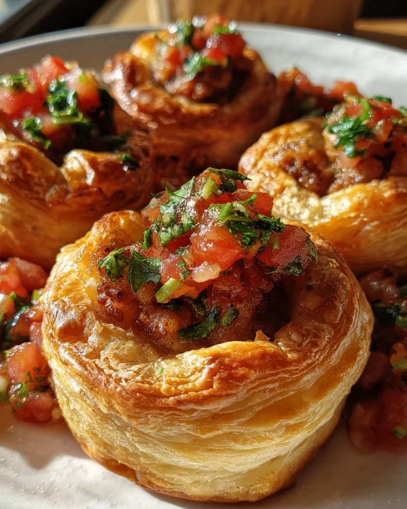 Italiaanse bladerdeegtaartjes met worst & tomatensalsa zijn een smakelijke treat voor elk feestje!