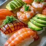 Nigiri sushi (zalm, garnalen, avocado)