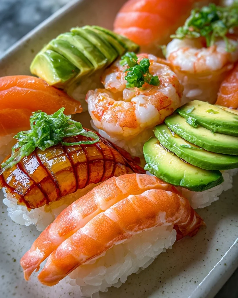 Nigiri sushi (zalm, garnalen, avocado) you can’t resist!