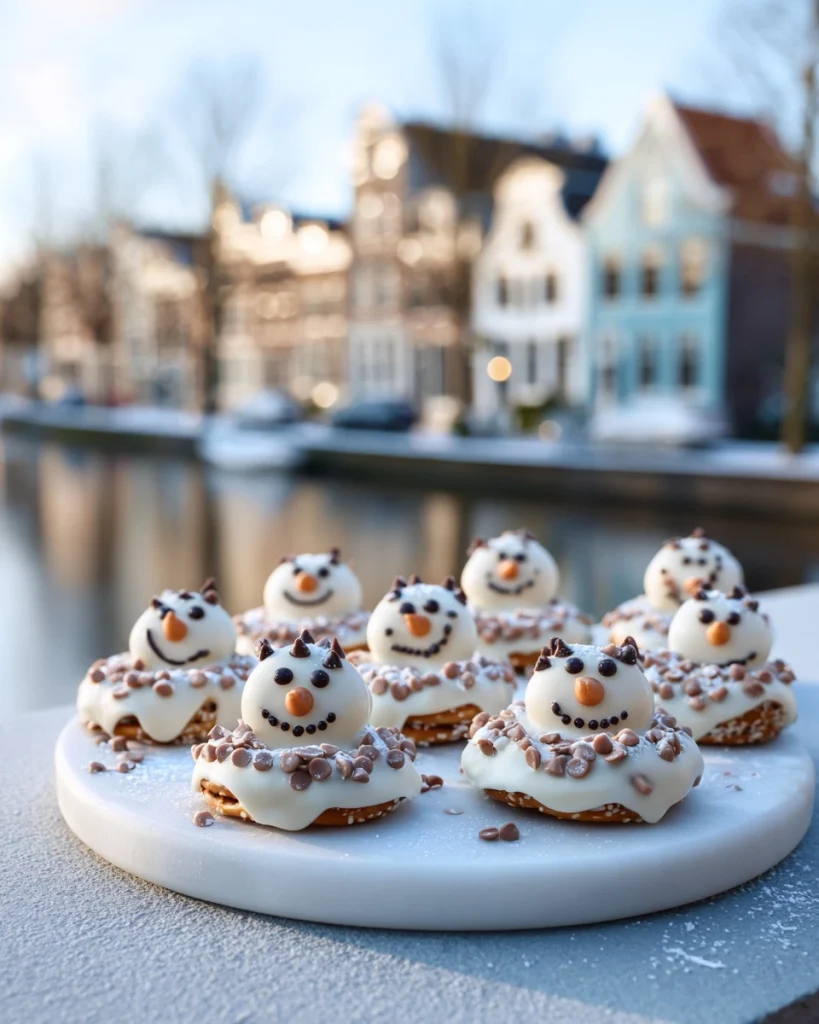 Sneeuwpop pretzel snack for a cozy winter treat!