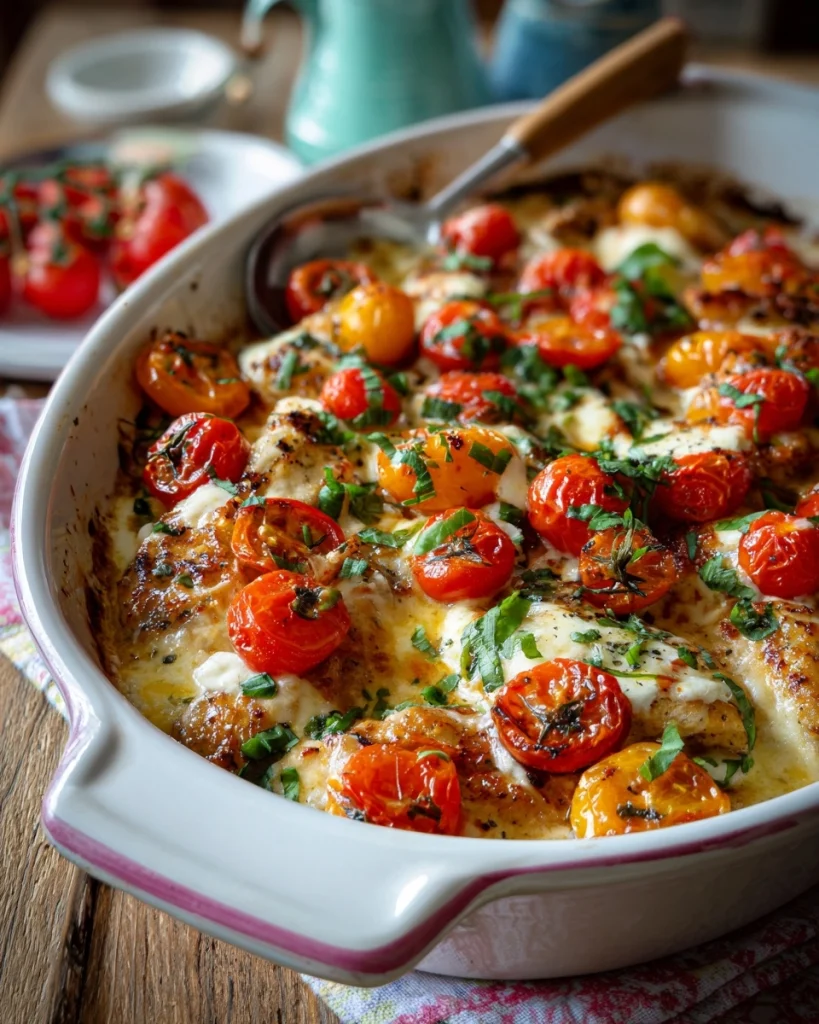 Caprese kip ovenschotel met tomaat en mozzarella is heerlijk!
