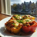 Gevulde paprika's met gehakt, rijst en kaas uit de oven