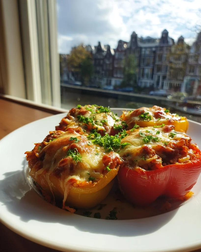 Gevulde paprika's met gehakt, rijst en kaas uit de oven