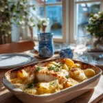 Kabeljauw-ovenschotel met prei en kerriesaus