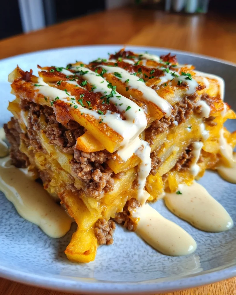 Kapsalon-ovenschotel met gehakt & krokante friet, echt genieten!