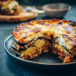 Moussaka met aubergine, aardappel en kaas uit de oven