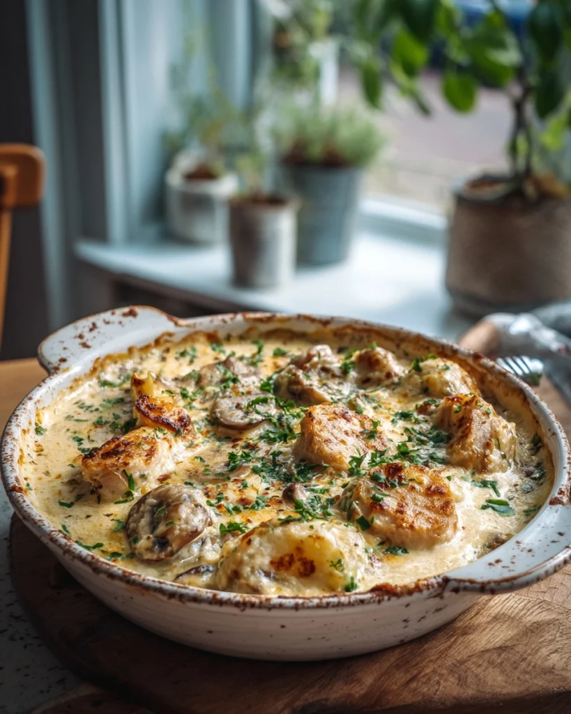Romige kip-champignon ovenschotel met knoflook: een makkelijke smaakexplosie!