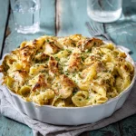 Romige knoflook-pasta met kip en Parmezaanse kaas uit de oven
