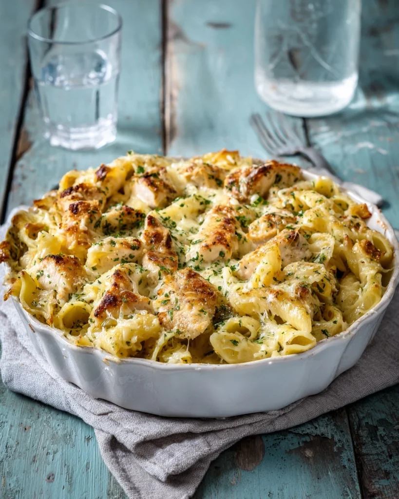 Romige knoflook-pasta met kip en Parmezaanse kaas uit de oven maakt elke maaltijd bijzonder!