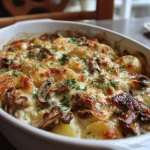 Romige paddenstoelen ovenschotel met aardappel en kaas