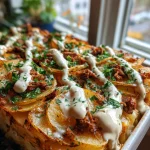 Shoarma-ovenschotel met aardappelschijfjes en knoflooksaus