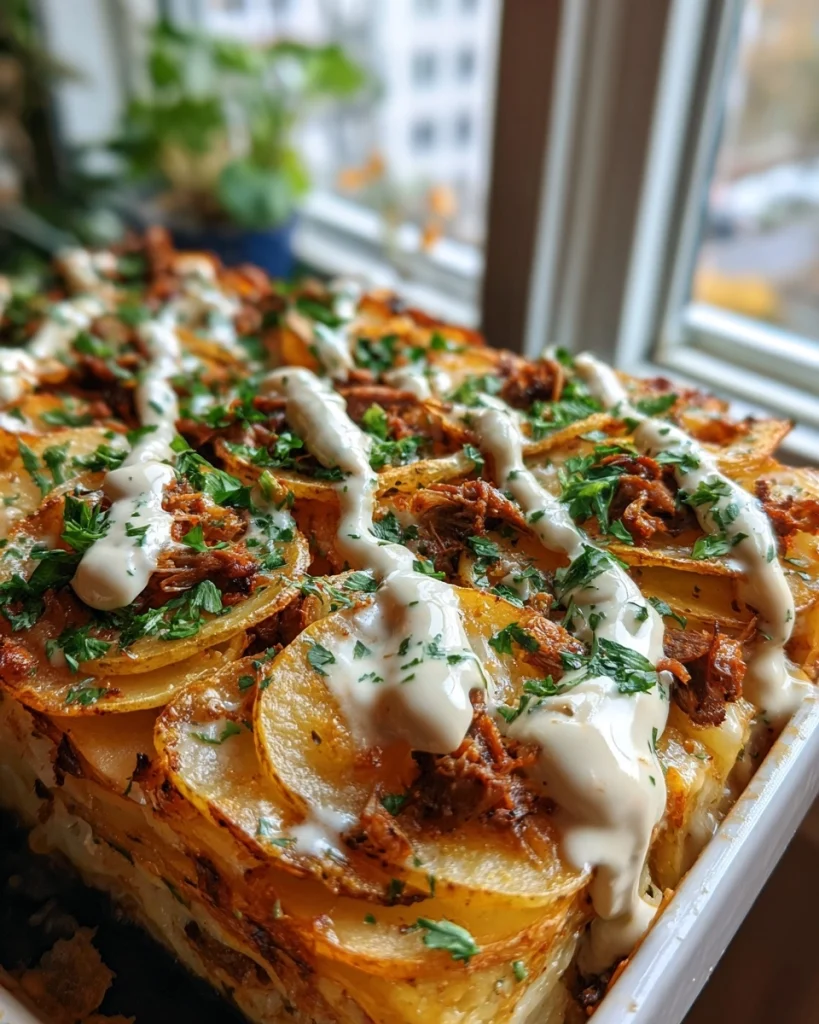 Shoarma-ovenschotel met aardappelschijfjes en knoflooksaus: een smakelijke ontdekking!