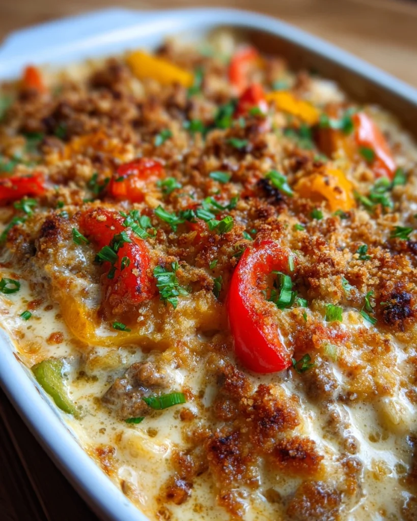 Stroganoff-ovenschotel met paprika en gehakt voor een feestelijke maaltijd!