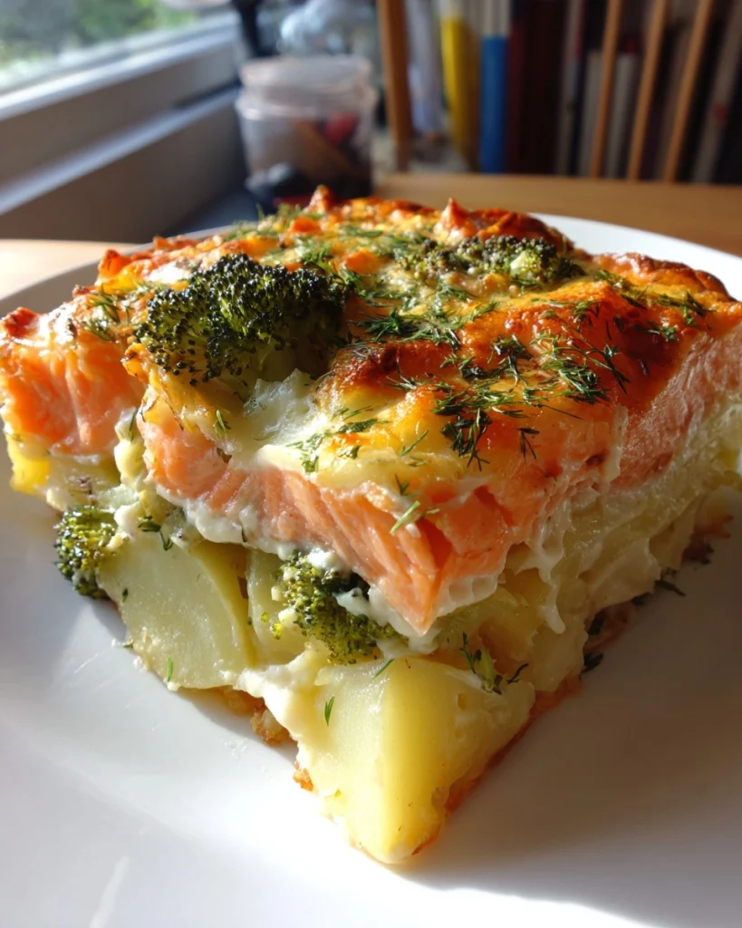 Zalmovenschotel met broccoli, aardappel & dille