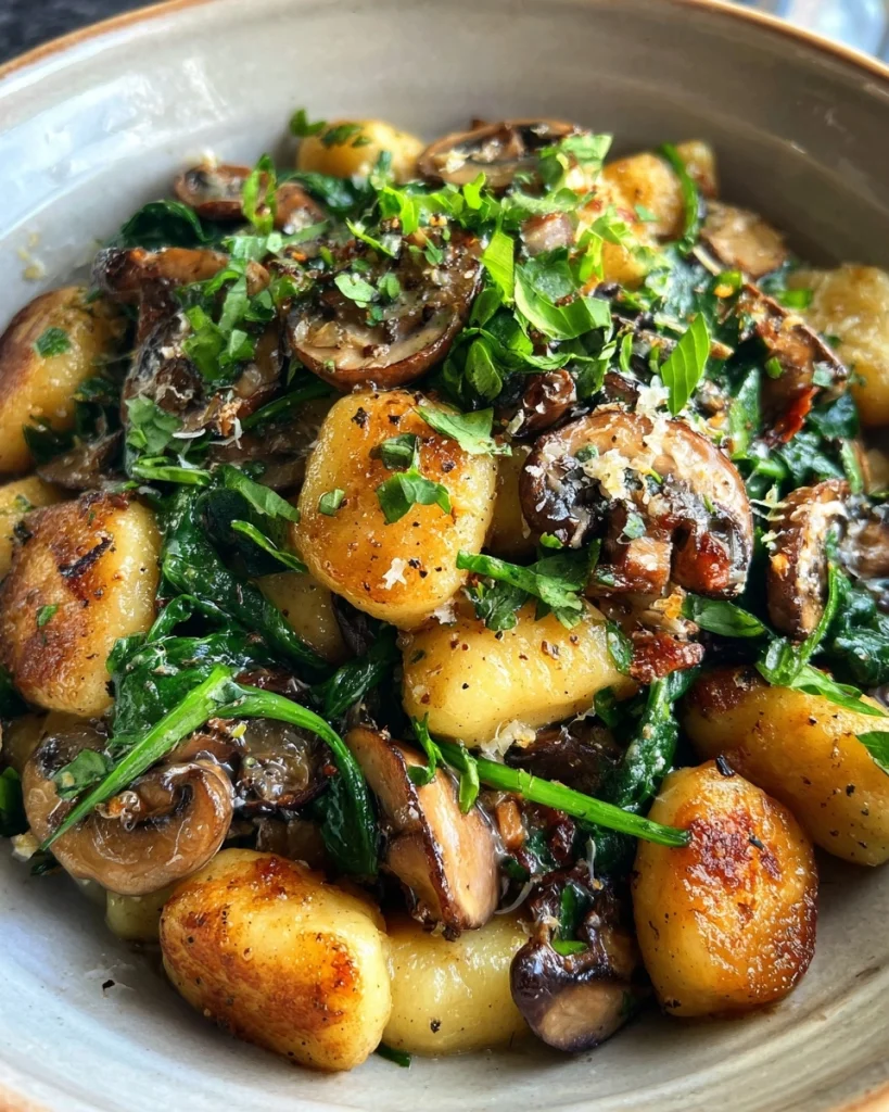 « Gebakken gnocchi met champignons en spinazie voor een heerlijk diner »