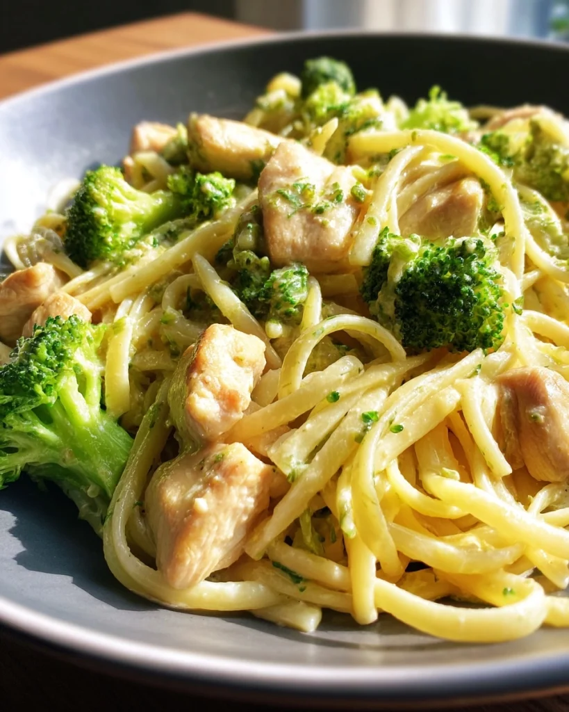Creamy chicken broccoli pasta met knoflooksaus is heerlijk!