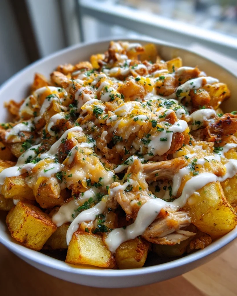 Crispy aardappel bowl met kip, kaas en knoflooksaus – Proef de verrukkelijke combinatie!