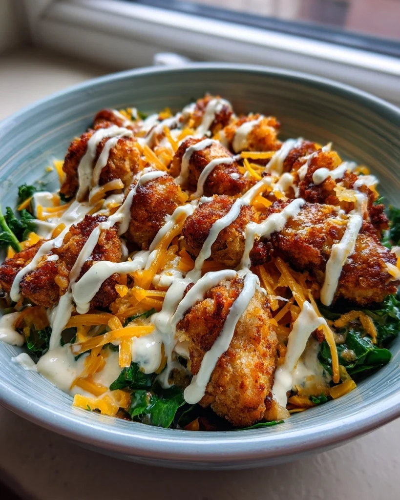 Crispy chicken wrap bowl met kaas & ranch saus, heerlijk!