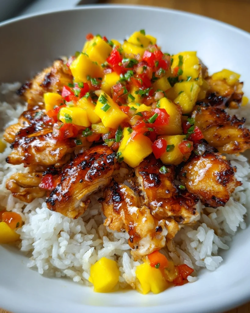 Rijst bowl met teriyaki kip en mango salsa: een smaakexplosie!