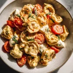 Romige tortellini met pesto, tomaat en mozzarella
