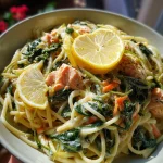 Romige zalm pasta met spinazie & citroen