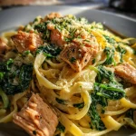 Romige zalm pasta met spinazie & citroen