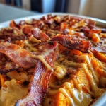 Zoete aardappel ovenschotel met spek en honing-mosterdsaus