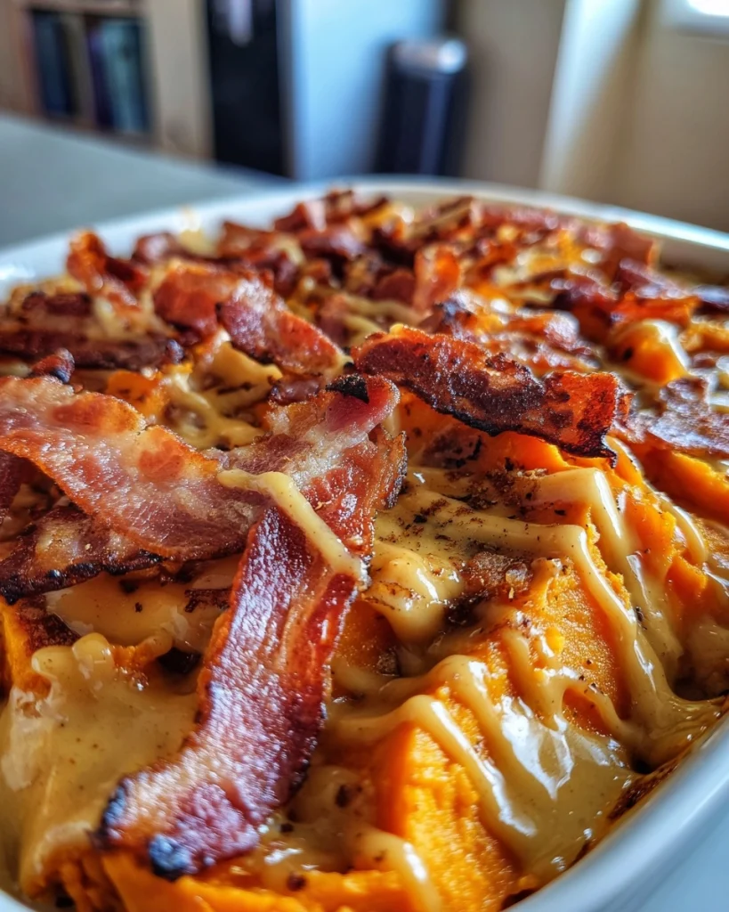 Zoete aardappel ovenschotel met spek en honing-mosterdsaus voor een verrassend diner!