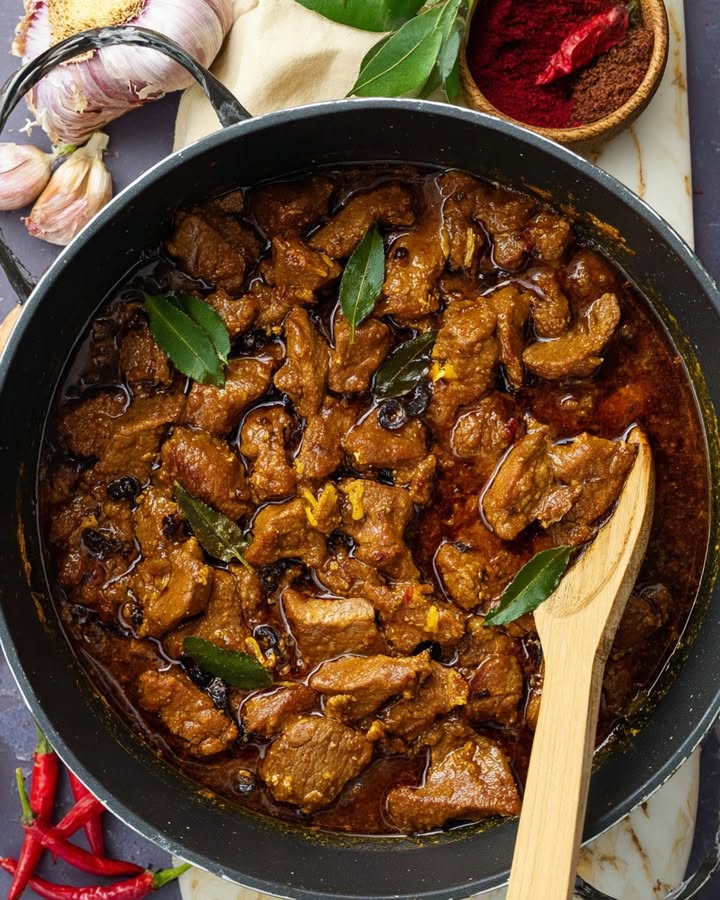 BABI SMOOR Een klassiek Indisch stoofgerecht waarin varkensvlees kort wordt gestoofd in een kruidige saus.