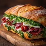 Ciabatta met bresaola, pesto arrabbiata, rucola en mozzarella