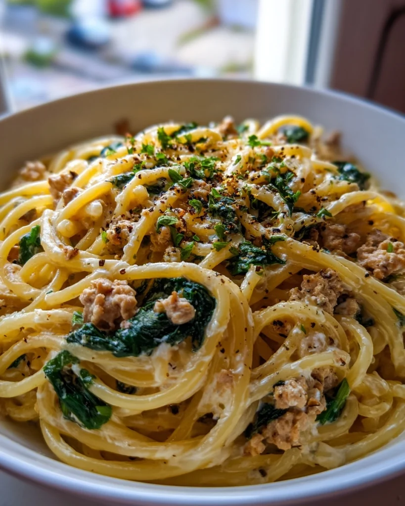 Easy Dinner: Snelle Pasta met Boursin, Spinazie & Kipgehakt in 20 Min!