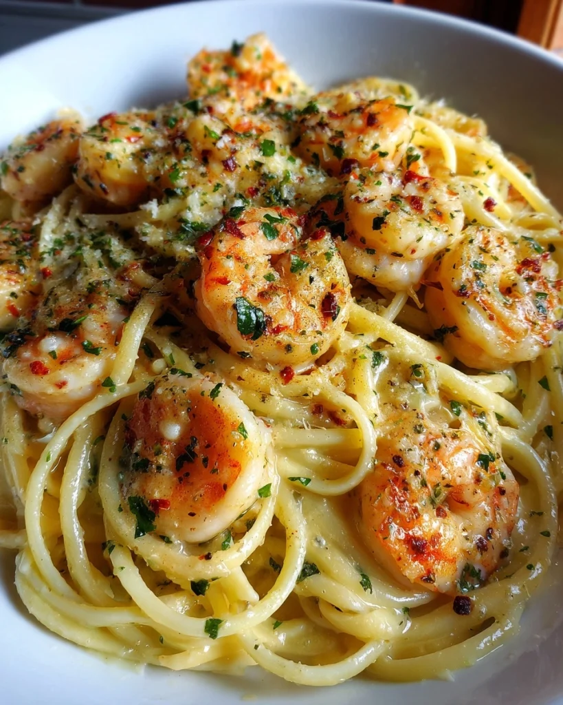 Garnalen in Romige Knoflook-Parmezaansaus met Pasta