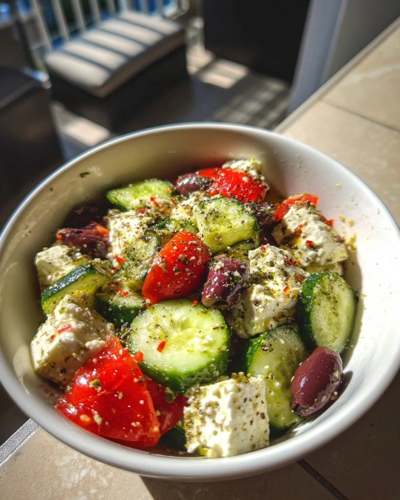 Griekse salade met feta, komkommer en olijven verrukkelijk!