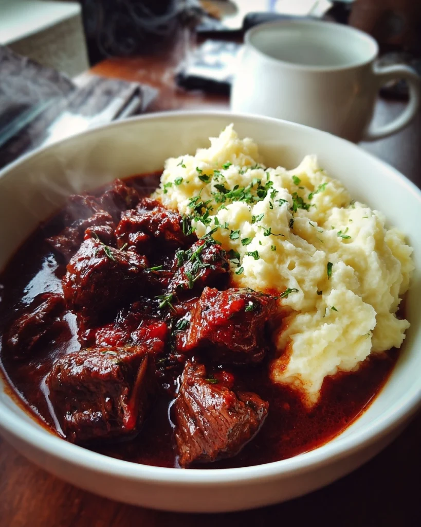 Hachee met Rode Wijn en Aardappelpuree