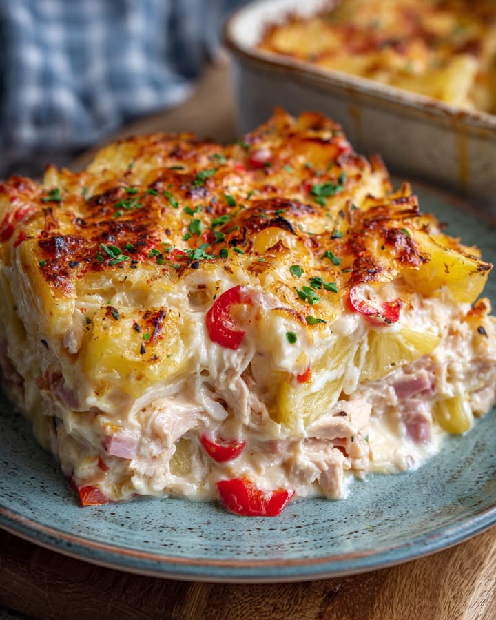 Hawaiian ovenschotel met kip, ham en ananas