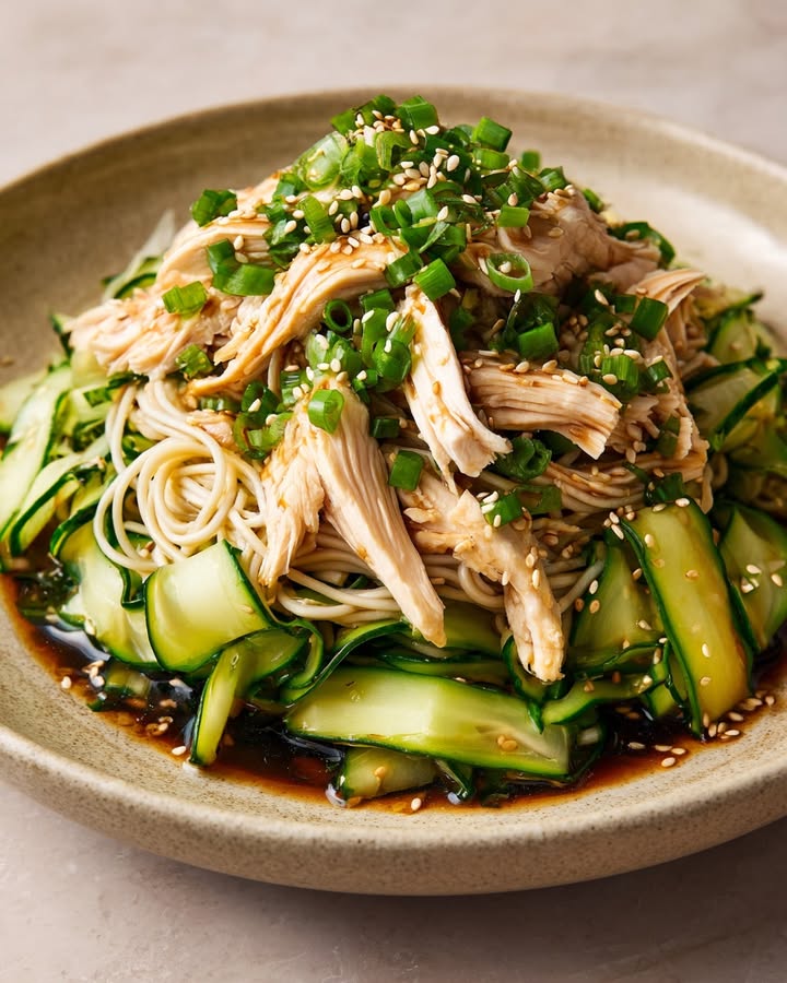 Koude noedelsalade met kip, komkommer en sesamdressing: Ontdek het verrukkelijke recept!