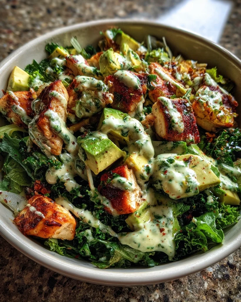 Maaltijdsalade met kip, avocado en een pittige dressing