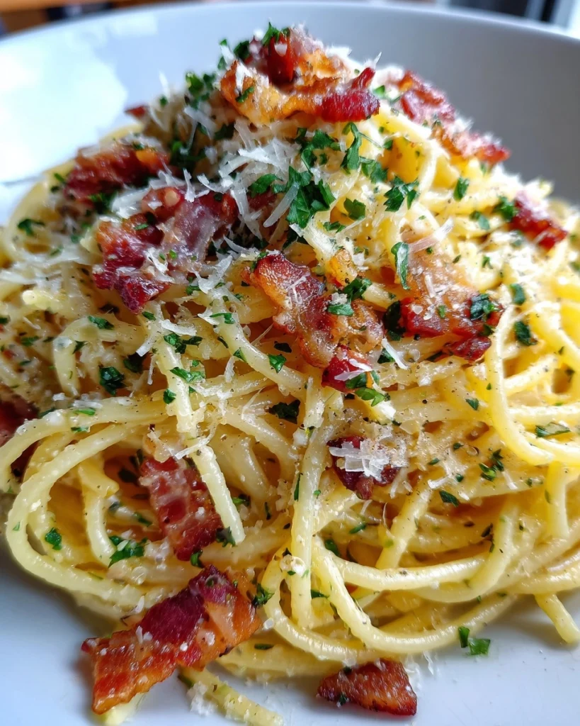 One-Pot Pasta Carbonara met Krokant Spek en Parmezaan
