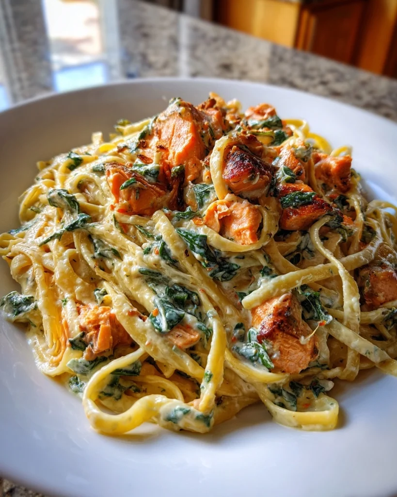 One‑pan Ovenschotel: Romige Pasta met Boursin, Zalm & Spinazie – Kook in Slechts 20 Min!