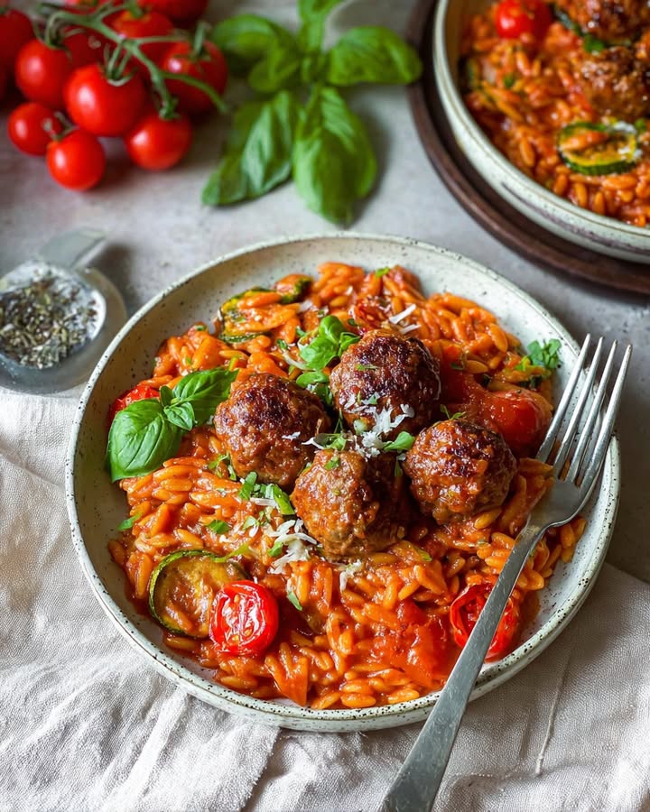 Orzo in tomatensaus met gehaktballetjes voor een snelle maaltijd!