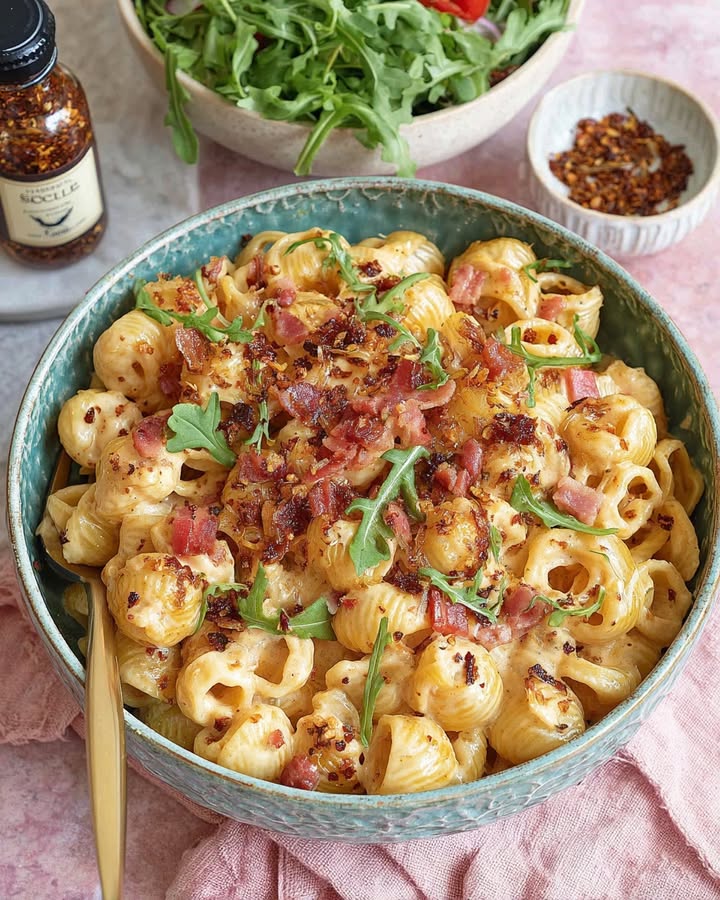 Pasta in romige saus met knapperige spekjes en crispy chili olie: Ontdek deze heerlijke combinatie!