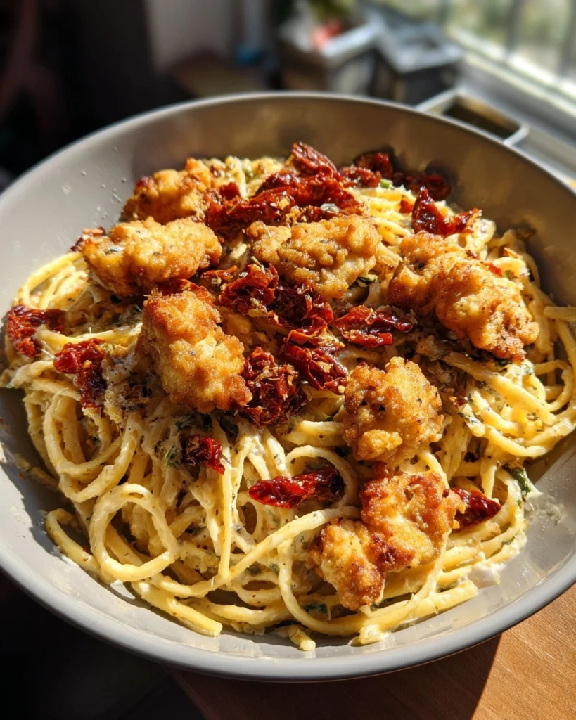 Romige Boursin-Pasta met Krokante Kip en Zongedroogde Tomaat