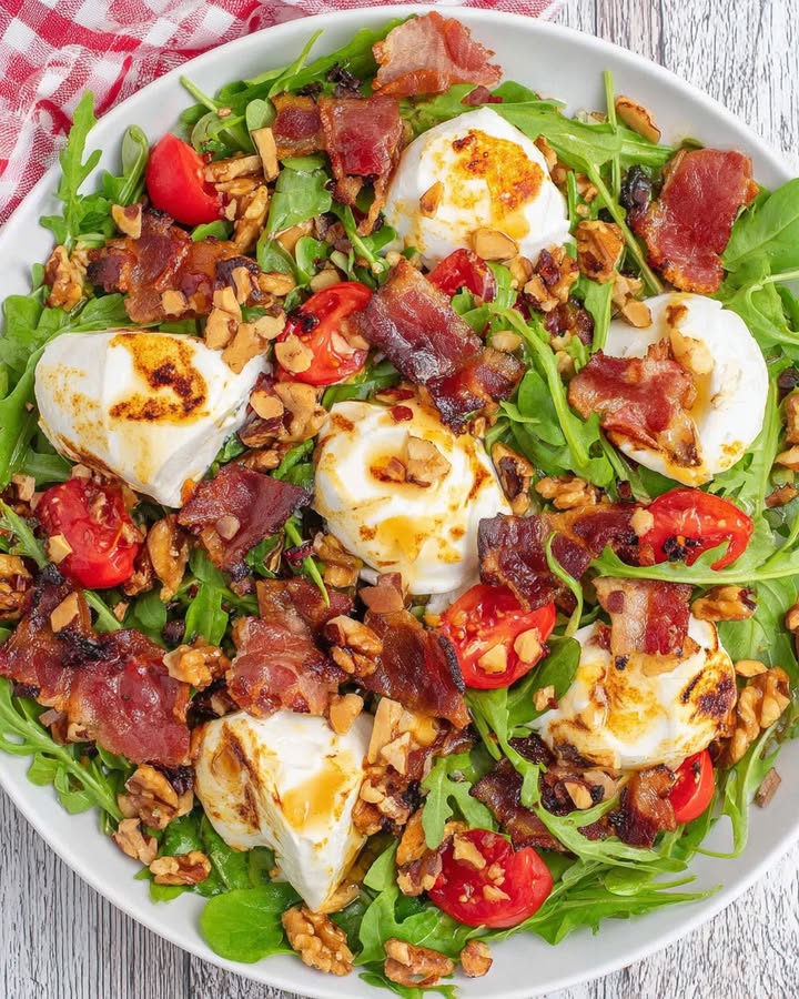 Salade met geitenkaas, spekjes en honing-mosterddressing: Een verrukkelijke smaakexplosie!