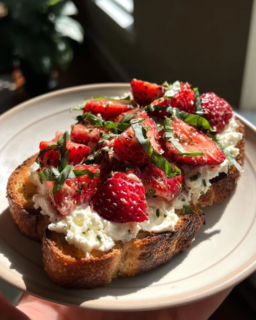 Bruschetta met ricotta, aardbei en basilicum