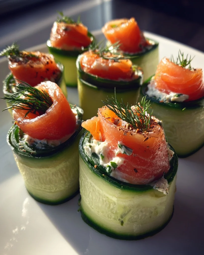 Komkommerrolletjes met gerookte zalm en dille-roomkaas