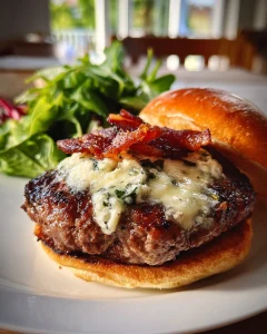 Luxe barbecueburger met blauwe kaas en spek