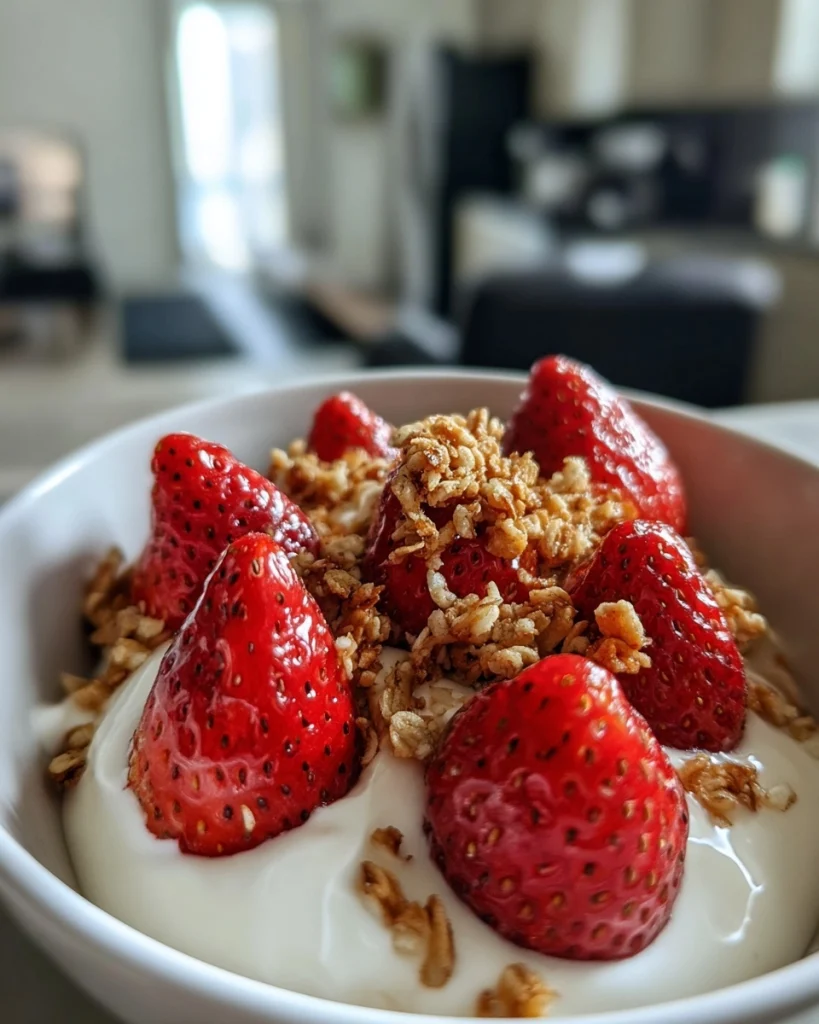 Ontbijtkom met aardbei, yoghurt en granola