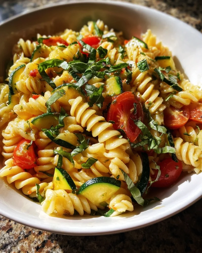 Pastasalade met courgette, tomaat en basilicum